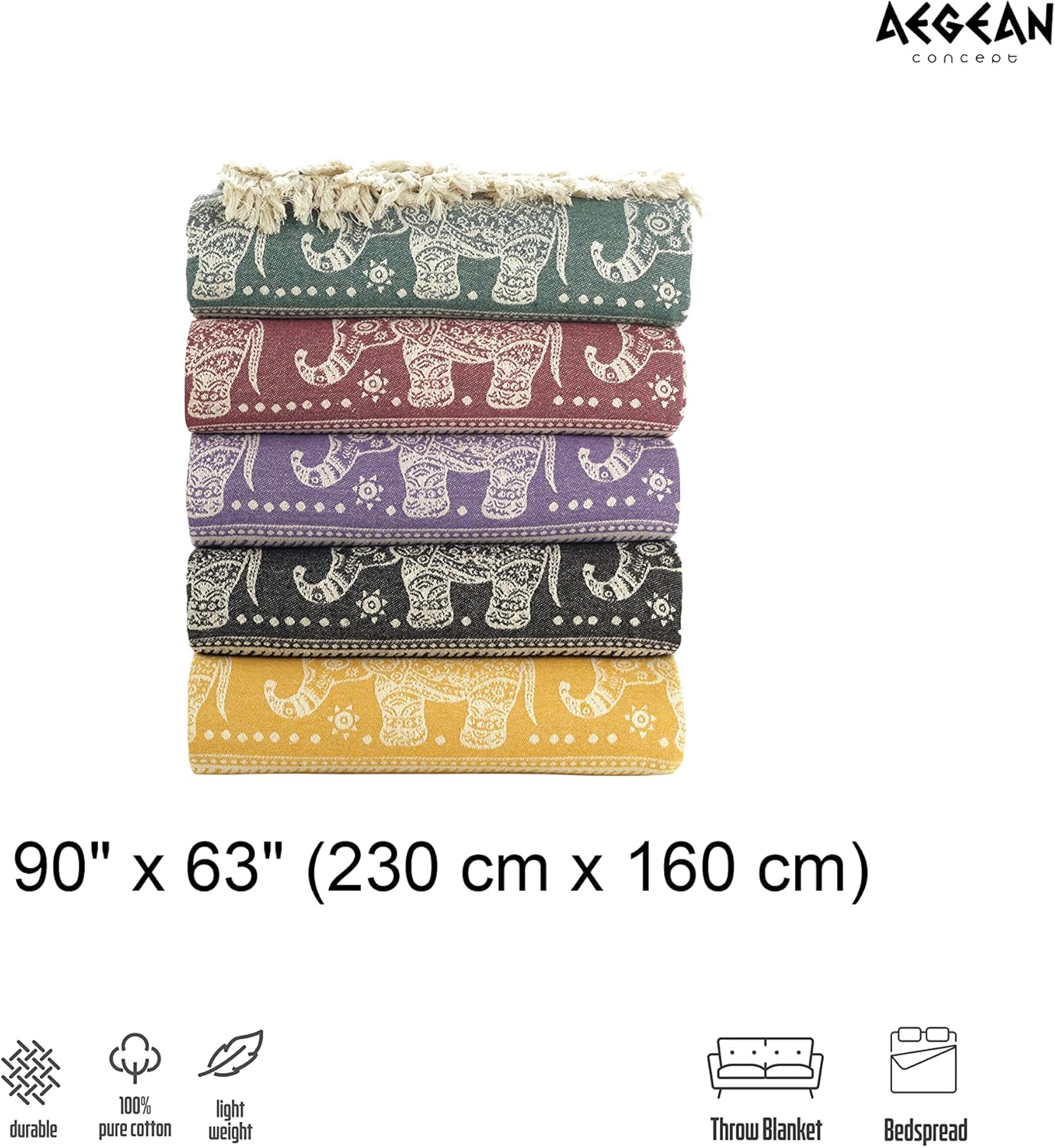 100% Organic Cotton Turkish Throw Blanket; 90" x 77" Twin Size Vintage Boho Elephant Bedspread Muslin Light Blankets for Bed or Couch | Indoor or Outdoor Cozy Hand Woven (Purple)