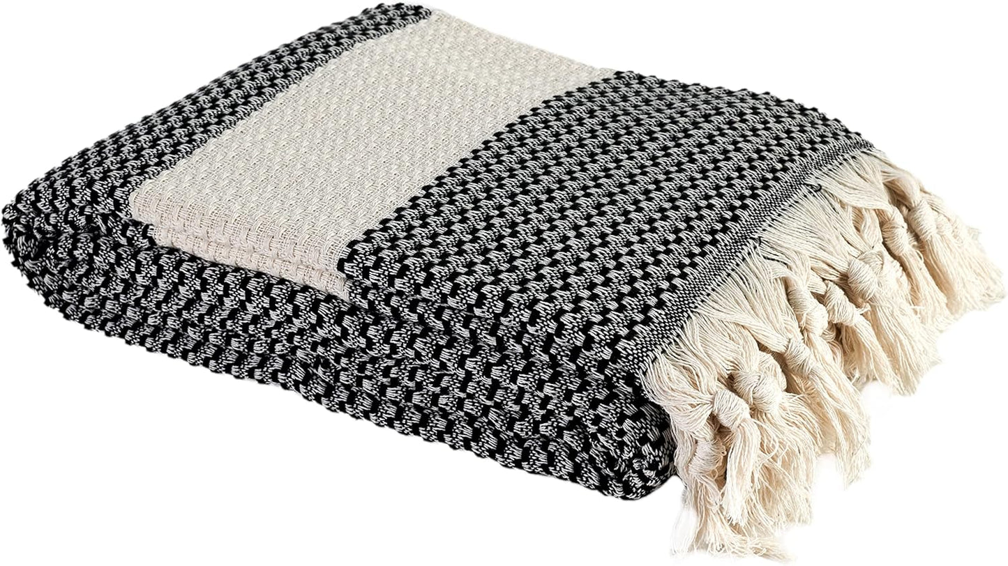 Blanket, Vintage Boho Rustic 100% Cotton Super Soft 63"x90" (160 cm x 230 cm) Twin Size,Adult Turkish Muslin Light, Cozy Couch Bedcover Twin Blankets, Black