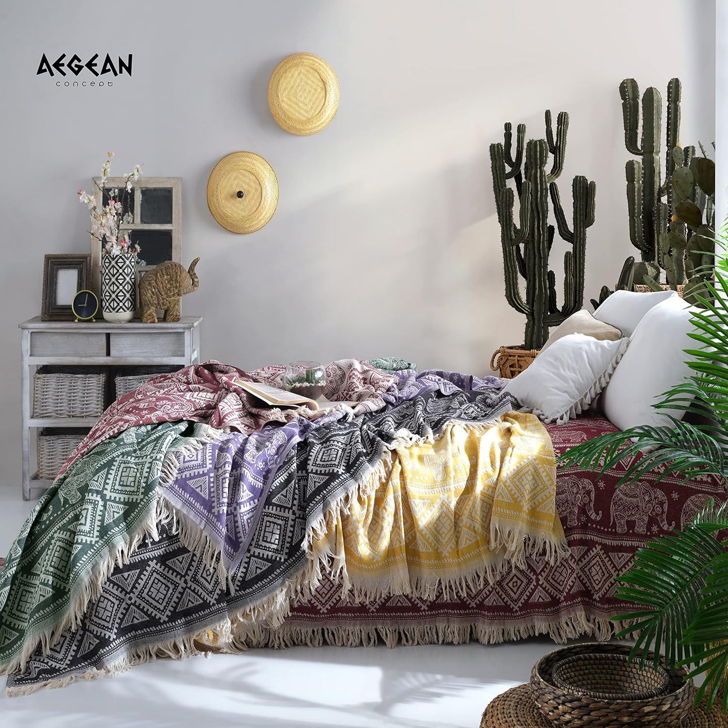 100% Organic Cotton Turkish Throw Blanket; 90" x 77" Twin Size Vintage Boho Elephant Bedspread Muslin Light Blankets for Bed or Couch | Indoor or Outdoor Cozy Hand Woven (Purple)