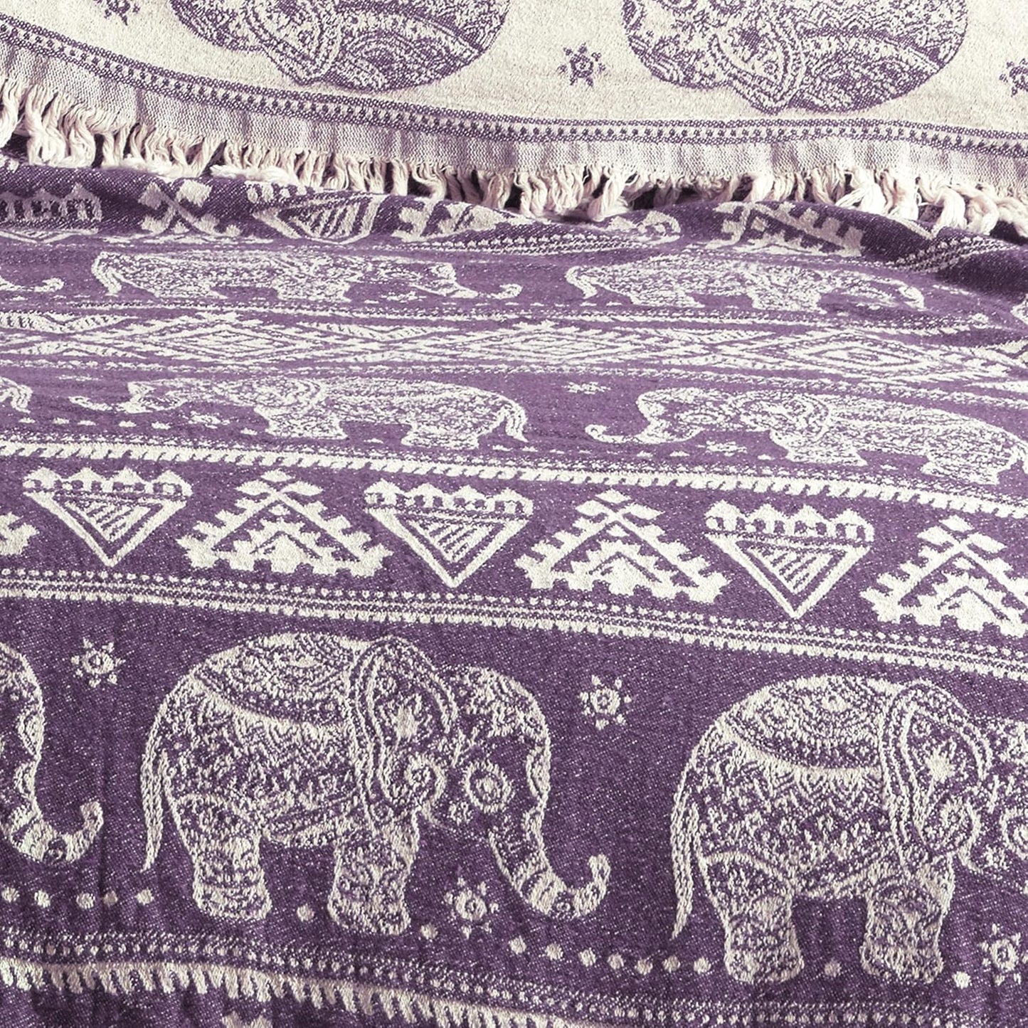 100% Organic Cotton Turkish Throw Blanket; 90" x 77" Twin Size Vintage Boho Elephant Bedspread Muslin Light Blankets for Bed or Couch | Indoor or Outdoor Cozy Hand Woven (Purple)