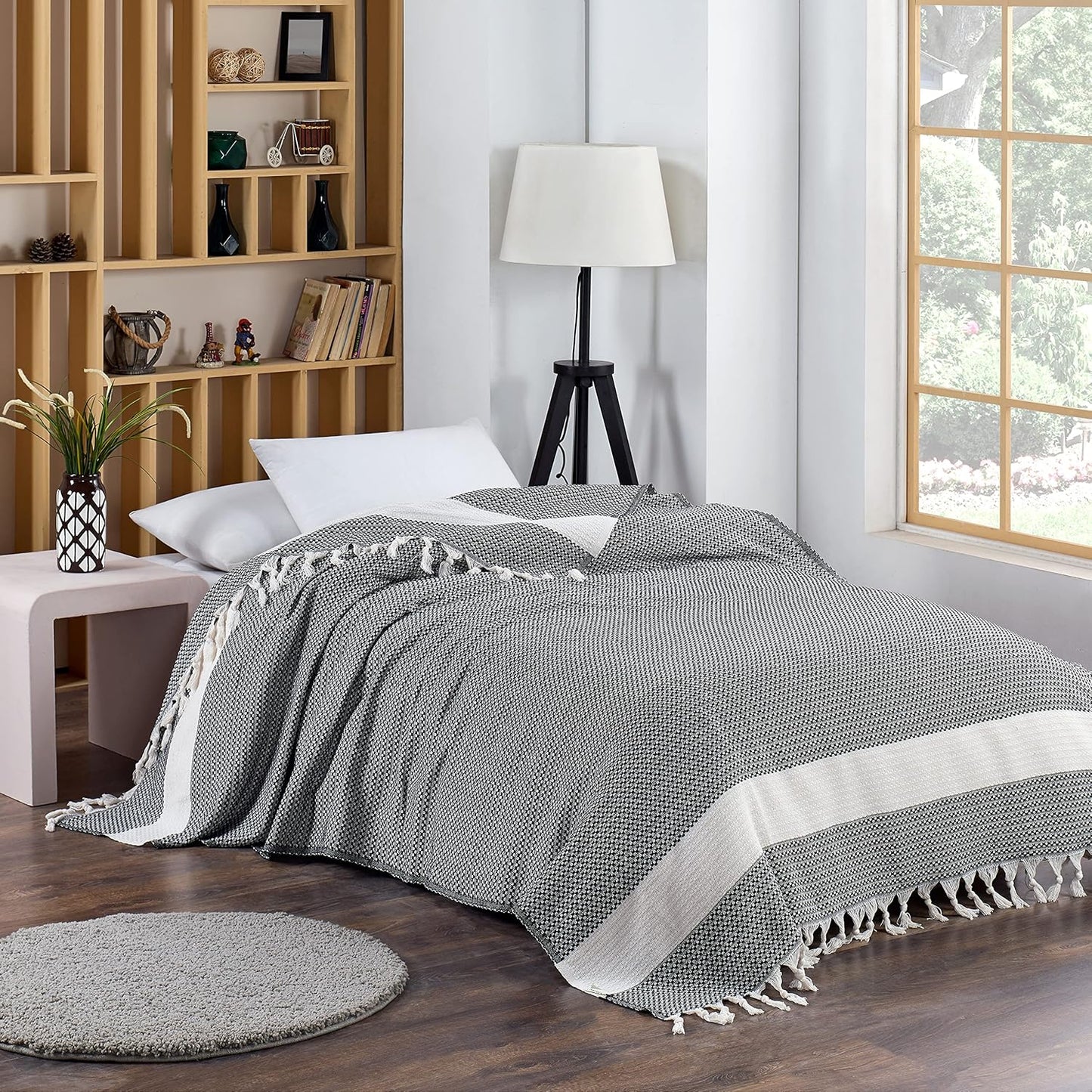 Blanket, Vintage Boho Rustic 100% Cotton Super Soft 63"x90" (160 cm x 230 cm) Twin Size,Adult Turkish Muslin Light, Cozy Couch Bedcover Twin Blankets, Black