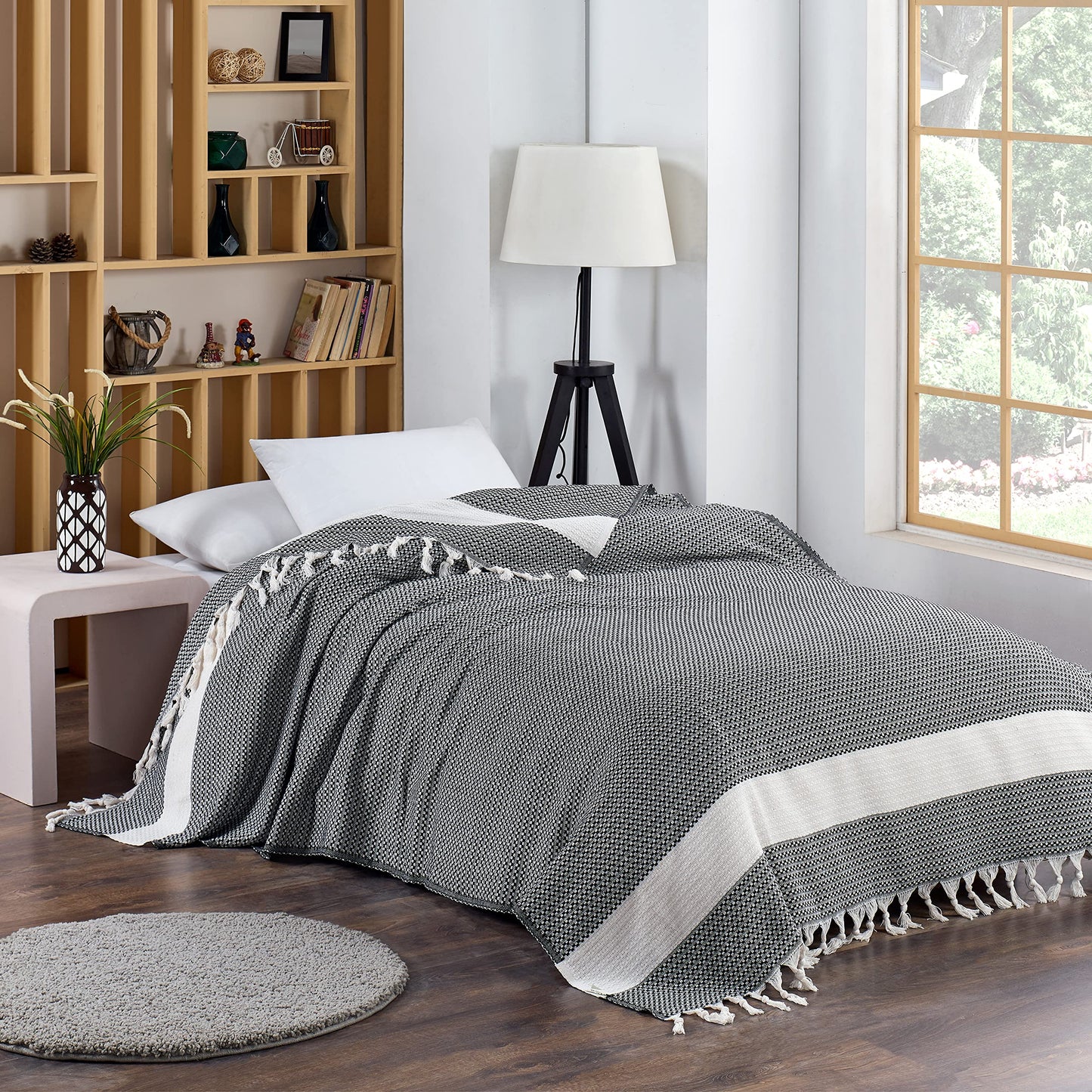 Blanket, Vintage Boho Rustic 100% Cotton Super Soft 63"x90" (160 cm x 230 cm) Twin Size,Adult Turkish Muslin Light, Cozy Couch Bedcover Twin Blankets, Black