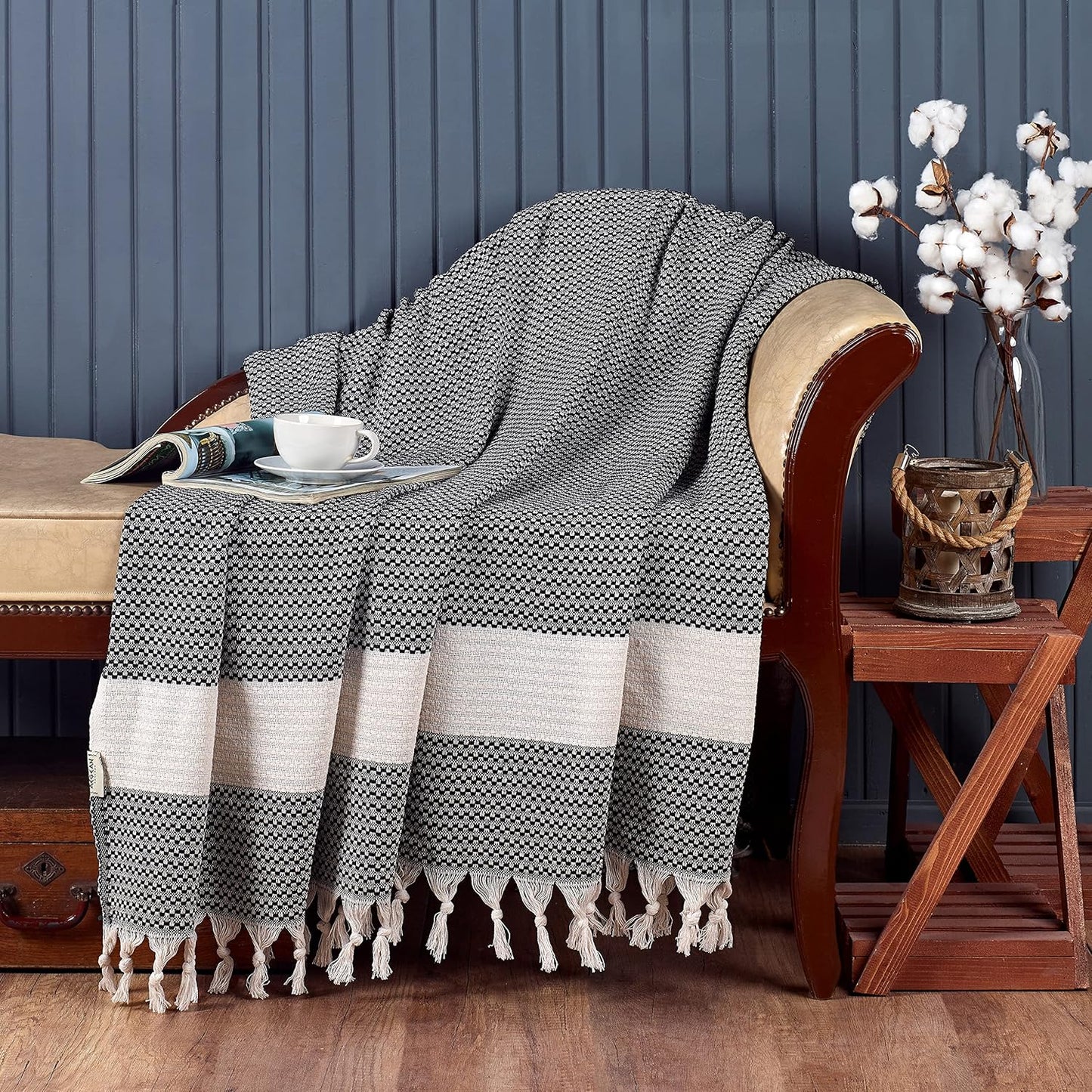 Blanket, Vintage Boho Rustic 100% Cotton Super Soft 63"x90" (160 cm x 230 cm) Twin Size,Adult Turkish Muslin Light, Cozy Couch Bedcover Twin Blankets, Black