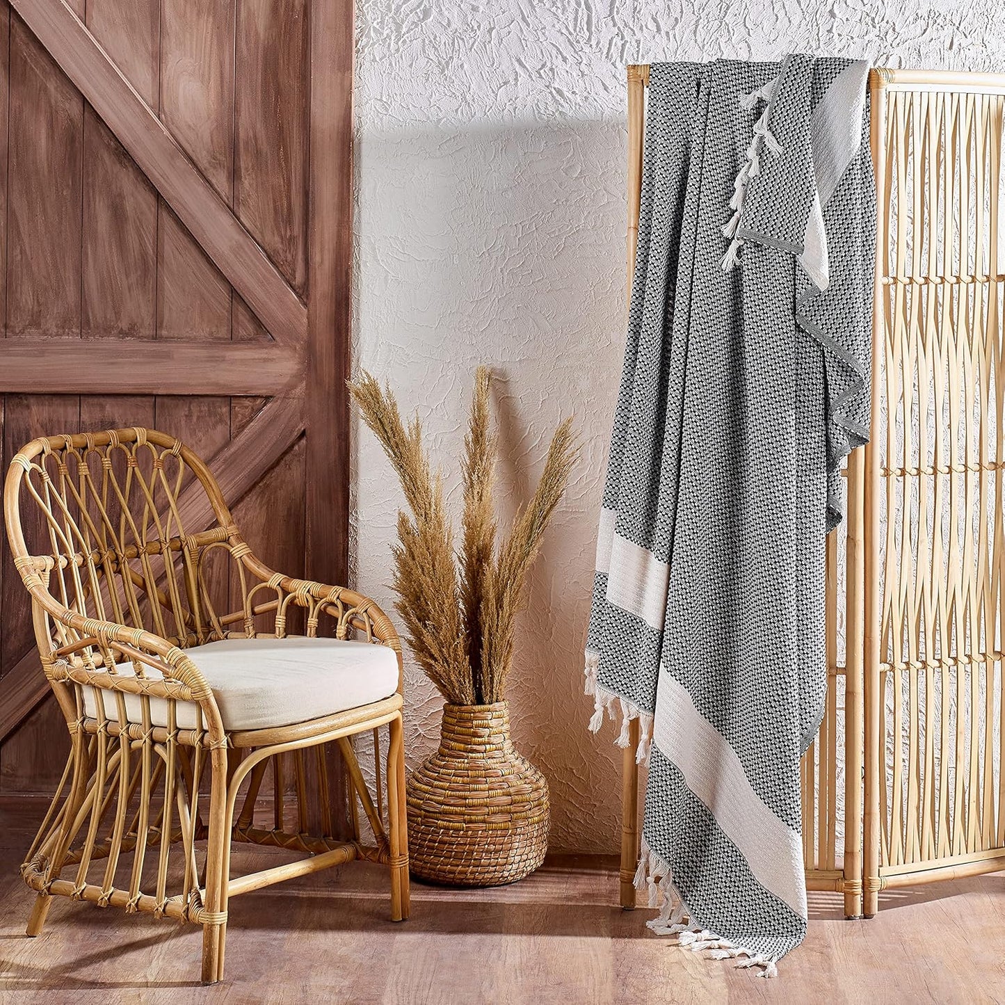 Blanket, Vintage Boho Rustic 100% Cotton Super Soft 63"x90" (160 cm x 230 cm) Twin Size,Adult Turkish Muslin Light, Cozy Couch Bedcover Twin Blankets, Black