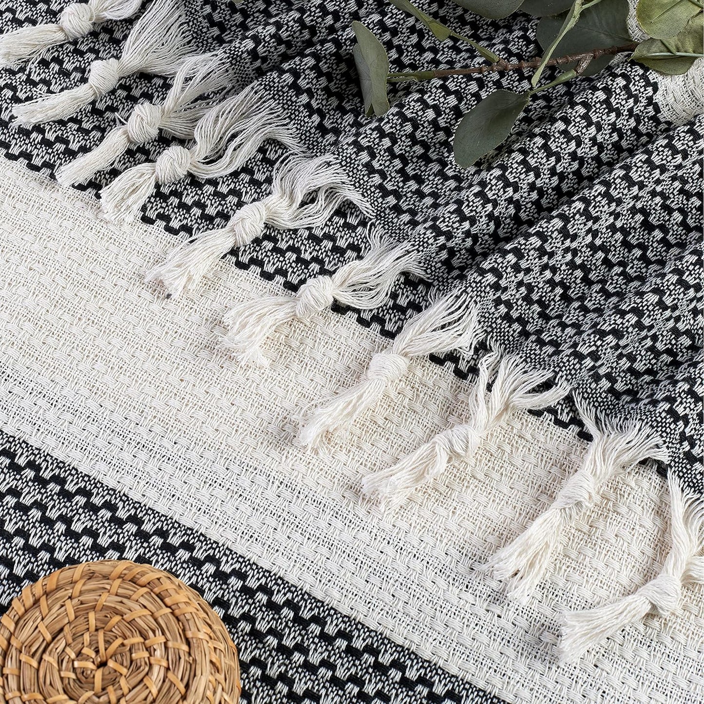 Blanket, Vintage Boho Rustic 100% Cotton Super Soft 63"x90" (160 cm x 230 cm) Twin Size,Adult Turkish Muslin Light, Cozy Couch Bedcover Twin Blankets, Black