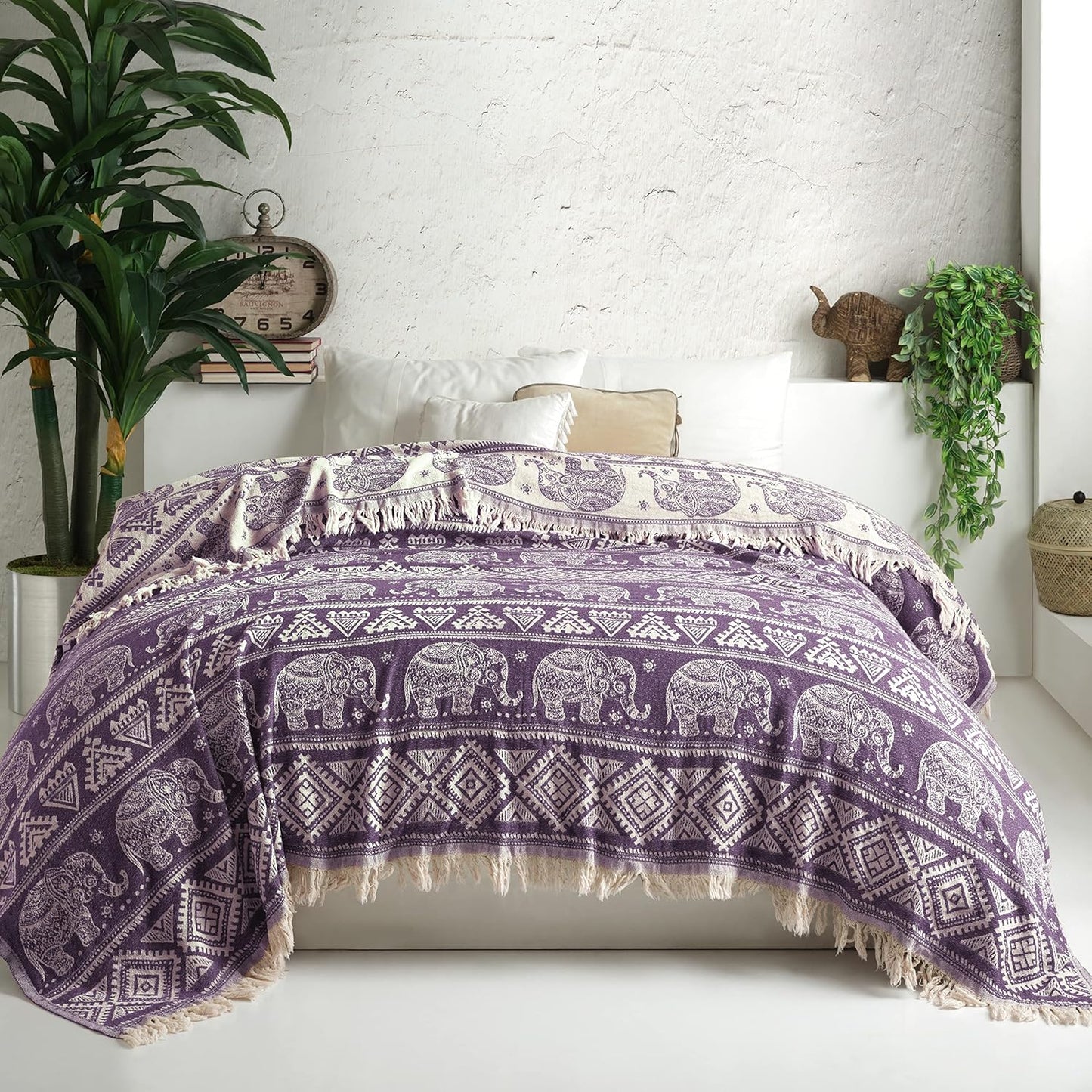 100% Organic Cotton Turkish Throw Blanket; 90" x 77" Twin Size Vintage Boho Elephant Bedspread Muslin Light Blankets for Bed or Couch | Indoor or Outdoor Cozy Hand Woven (Purple)