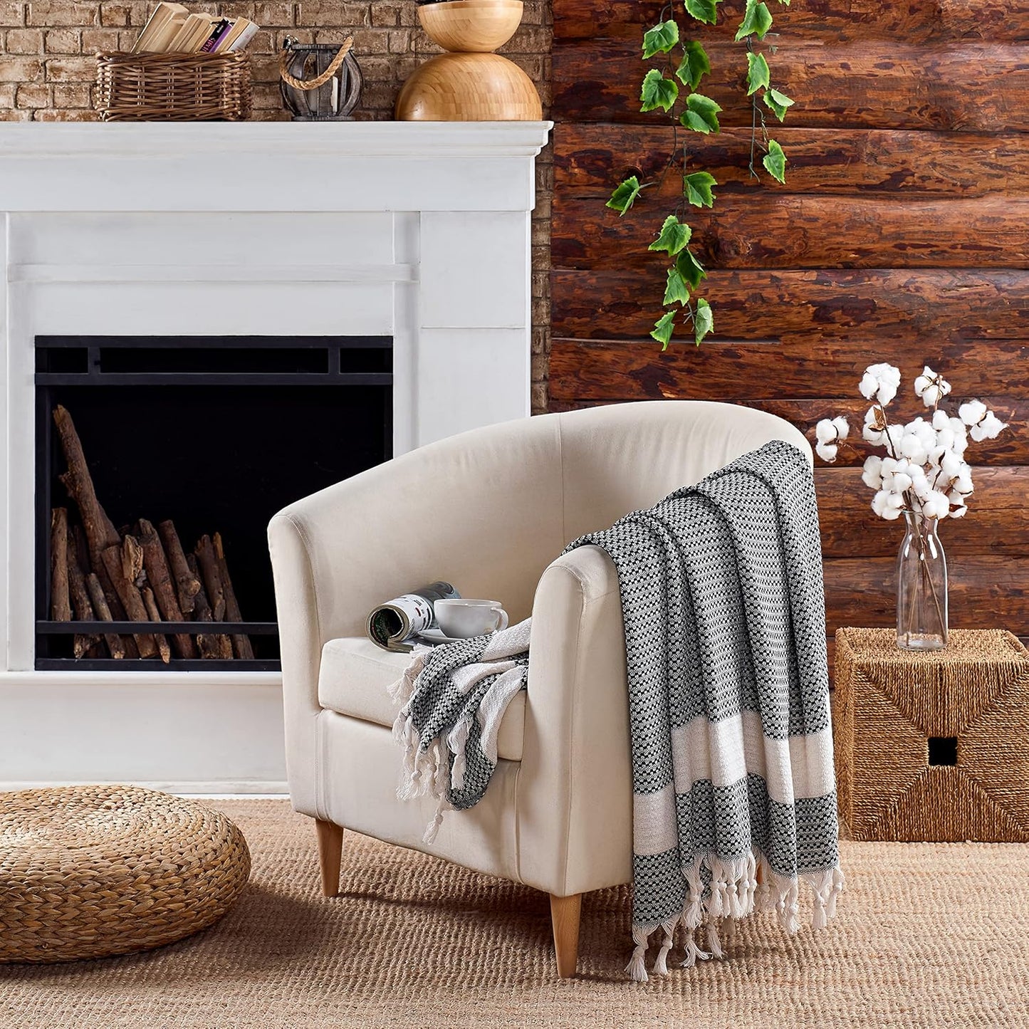Blanket, Vintage Boho Rustic 100% Cotton Super Soft 63"x90" (160 cm x 230 cm) Twin Size,Adult Turkish Muslin Light, Cozy Couch Bedcover Twin Blankets, Black