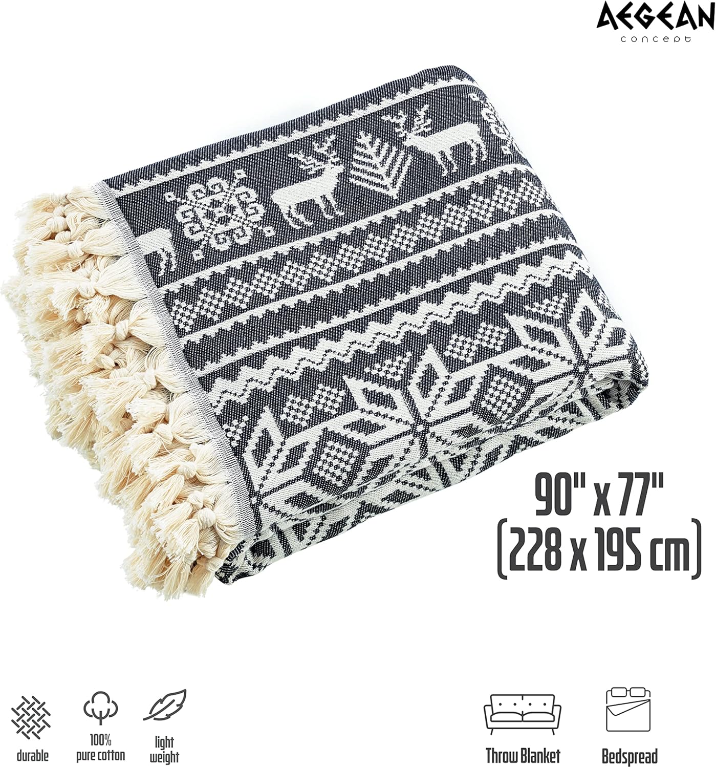 90x77 Inches Oversized Twin or Queen Muslin Cotton Blanket, Hand-Woven Boho Style, Plush and Fluffy for Winter, Soft Lightweight Bedding Essential for Bed, Couch, Black