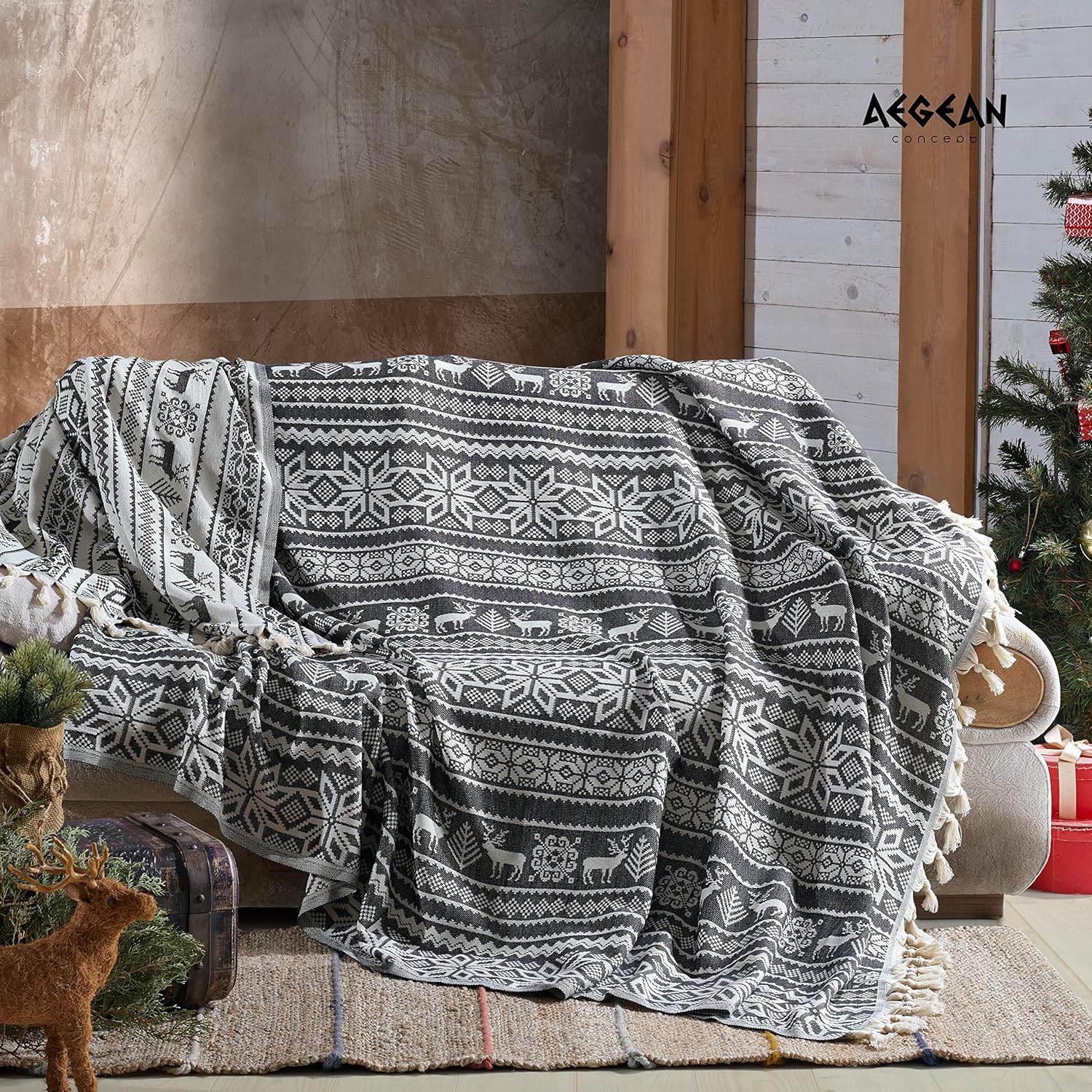 90x77 Inches Oversized Twin or Queen Muslin Cotton Blanket, Hand-Woven Boho Style, Plush and Fluffy for Winter, Soft Lightweight Bedding Essential for Bed, Couch, Black