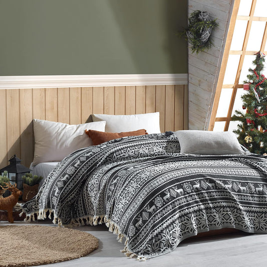 90x77 Inches Oversized Twin or Queen Muslin Cotton Blanket, Hand-Woven Boho Style, Plush and Fluffy for Winter, Soft Lightweight Bedding Essential for Bed, Couch, Black