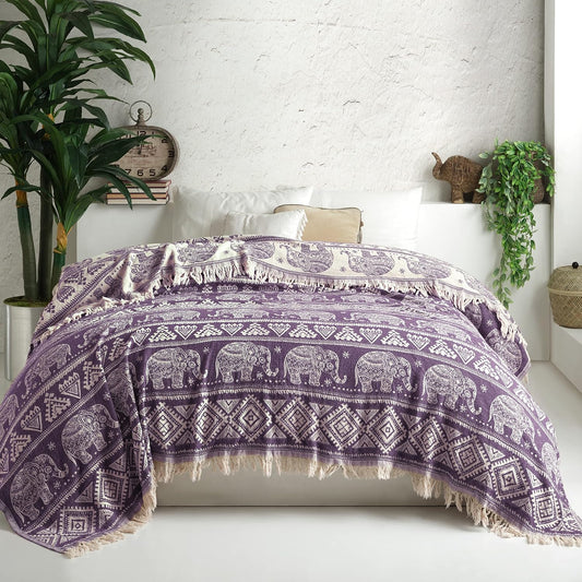 100% Organic Cotton Turkish Throw Blanket; 90" x 77" Twin Size Vintage Boho Elephant Bedspread Muslin Light Blankets for Bed or Couch | Indoor or Outdoor Cozy Hand Woven (Purple)